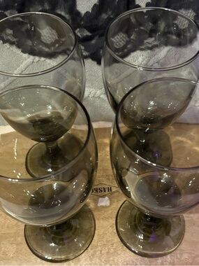 4 Vintage Libbey Smoke Gray Glass Water Wine Goblets 7 inches